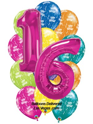 16th Birthday Hot Pink Number Balloon Bouquet
