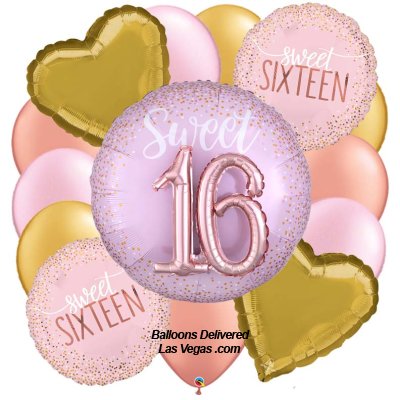 Metallic Gold & Pink Sweet 16 Balloon Bouquet